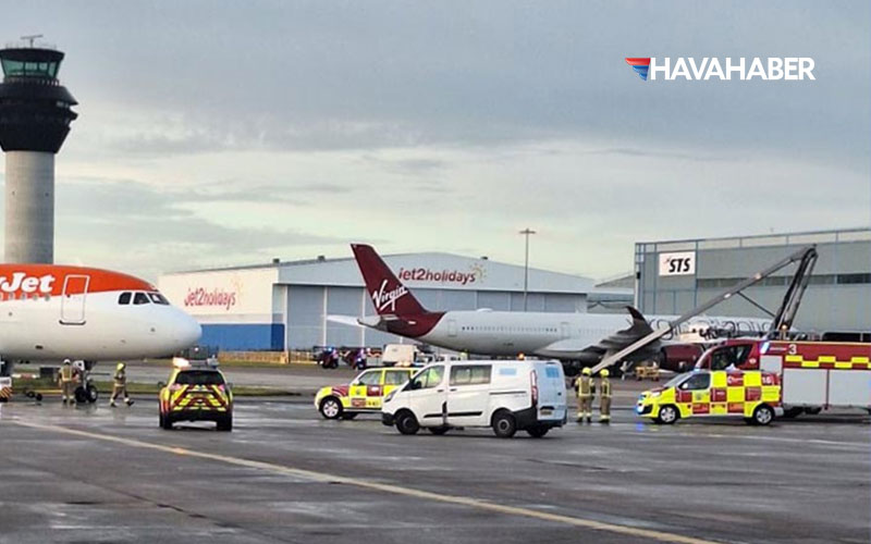 manchester havalimaninda kaza push back araci easyjet ucagina carpti FJnMuvDz